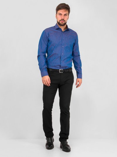 Рубашка с длинным рукавом синяя в полоску полуприталенная
