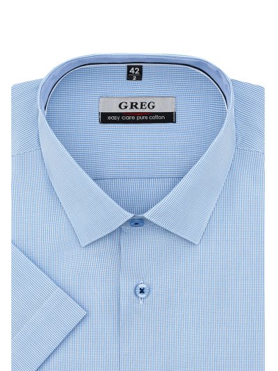 Рубашка с коротким рукавом голубая в клетку полуприталенная